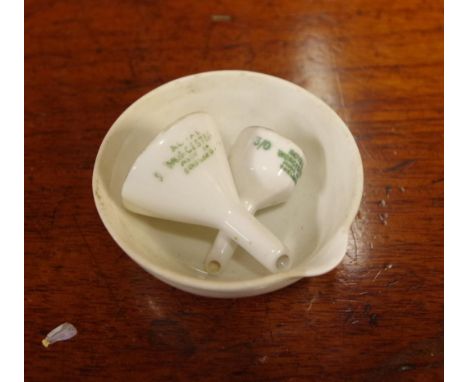 Two miniature pharmaceutical funnels & a crucible including Royal Worcester