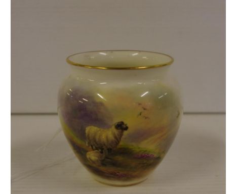 Small Royal Worcester hand painted vase decorated with sheep circa 1950 signed J. Allen, 7 cm high