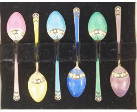 Cased sterling silver & enamel coffee spoons set of 6, hallmarked Birmingham 1958