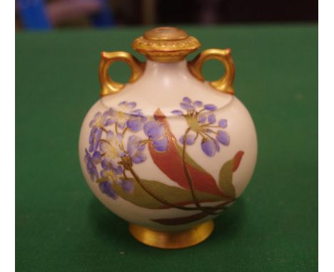 Royal Worcester blush ivory two handled vase with handpainted gilt & floral decoration, 10cm high approx.