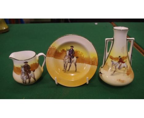 Three Royal Doulton Hunting series ware pieces 10.5cm high (tallest) approx., vase has hairline to rim