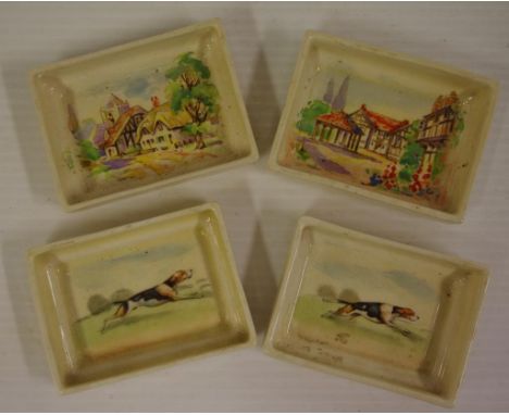 Four Royal Doulton miniature dishes 2 with cottage scene and 2 with hunting dog scene
