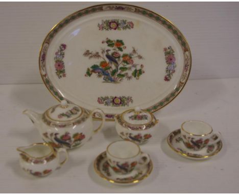 Miniature Wedgwood peacock pattern  tea for two tray, teapot, sugar, creamer and 2 cups and saucers