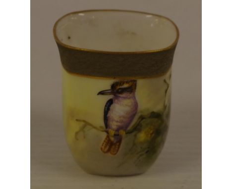 Royal Worcester handpainted egg cup decorated with a kookaburra, signed W.Powell, circa 1914, h4.5cm approx