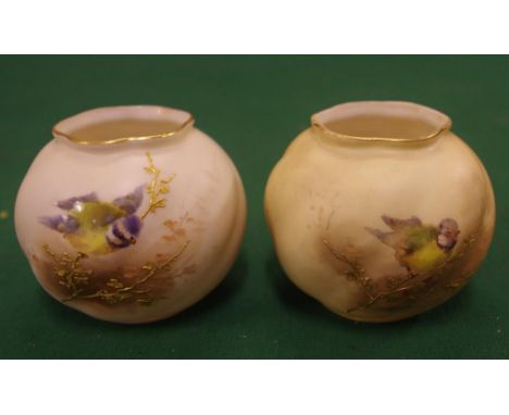 Two Royal Worcester blush ivory bird vases handpainted, 7cm high approx.