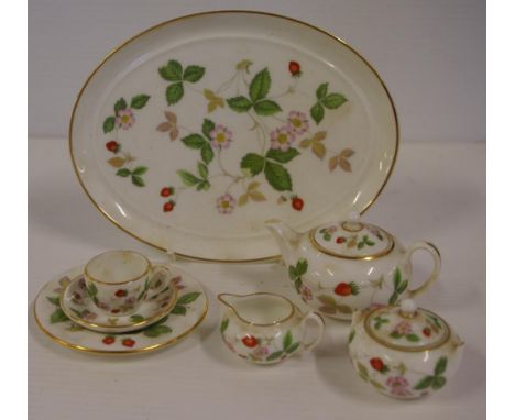 Miniature Wedgwood 'Wild Strawberry' tea for one comprising of teapot, trio, sugar, creamer and tray