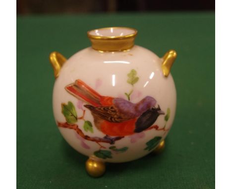 Royal Worcester 19thC ball vase with handpainted bird decoration, 8cm high approx.