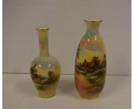 Two Royal Worcester hand painted vases with English cottage scenes circa 1940, 14 cm high (largest)