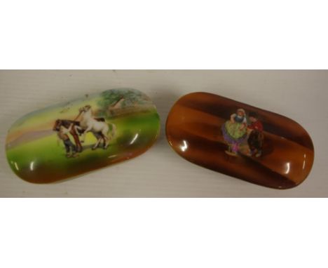 Two Royal Bayreuth lidded trinket boxes one with children scene, the other a horse scene, W12cm approx