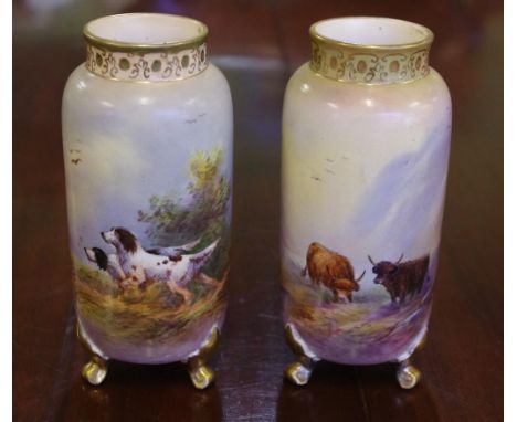 Two signed hand painted Crown Devon vases one cattle scene, the other hunting dogs, H15cm approx