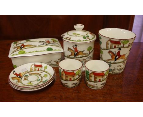 Seven Crown Staffordshire 'Hunting Days' pieces including trinket box, jam pot, beaker etc