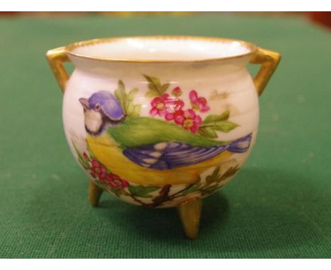 Royal Worcester 19thC handpainted bird vase on three feet, 6cm high approx.
