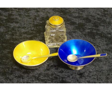 Two Danish silver & enamel salt cellars & spoons and a pepper pot