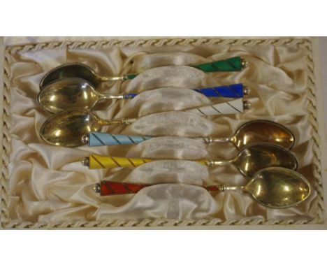 Set of six Danish silver and enamel coffee spoons in original box