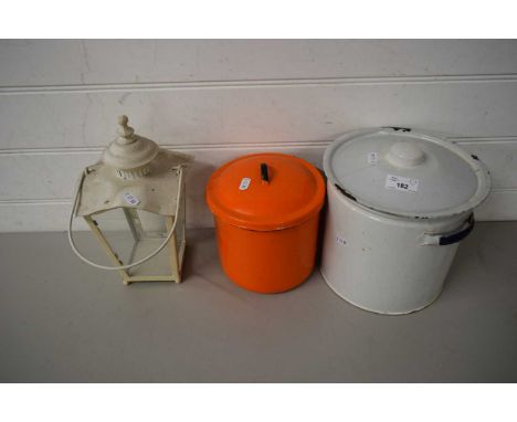 MIXED LOT - ENAMEL FLOUR BIN PLUS AN ENAMEL STORAGE CONTAINER AND A METAL FRAMED LANTERN (3)