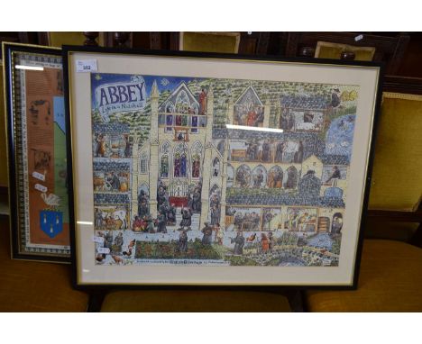 COLOURED PRINT 'ABBEY LIFE IN A NUTSHELL', TOGETHER WITH A FOLKLORE MAP OF NORFOLK, BOTH F/G (2)
