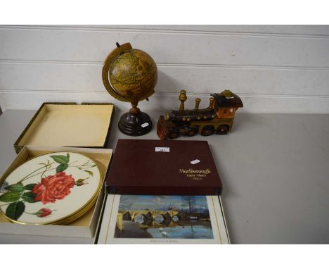 MIXED LOT - MODERN MINIATURE GLOBE, WOODEN MODEL OF A TRAIN AND TWO BOXES OF PLACE MATS