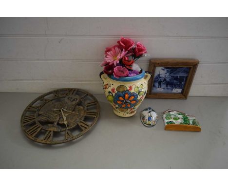 MIXED LOT : OWL DECORATED WALL CLOCK, FRAMED TILE, WALL MOUNTED VASE AND OTHER ITEMS