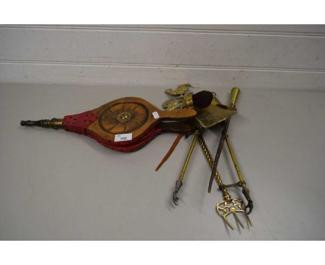 MIXED LOT - BRASS FIRE TOOLS AND BELLOWS