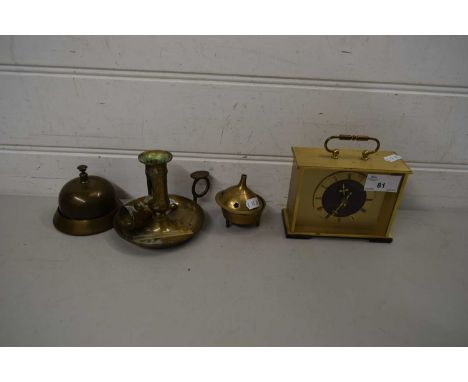 MIXED LOT: BRASS COUNTER BELL, CHAMBER STICK, SMALL MANTEL CLOCK ETC