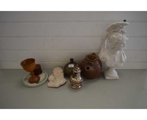 MIXED LOT COMPRISING STUDIO POTTERY KETTLE, SMALL STUDIO POTTERY VASE, COMPOSITION BUST OF A CLASSICAL FIGURE, VARIOUS WALL P