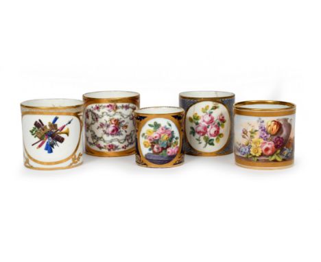 Five Sèvres coffee cans (gobelets litron)  c.1763-90, in three sizes, one painted by Guillaume Nol with a panel of pink roses