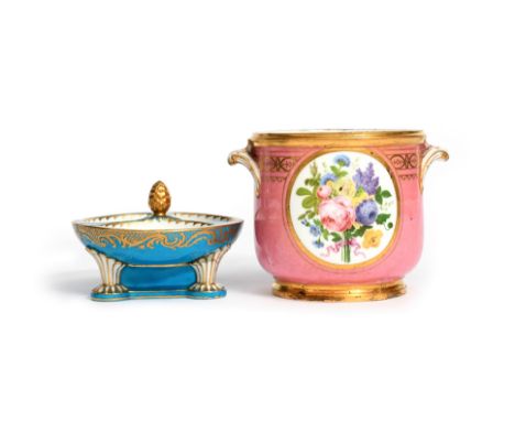 A Sèvres bottle cooler (seau à demi-bouteille)  c.1790-1800, painted possibly by Fallot with two oval panels enclosing posies