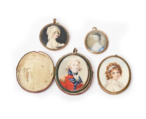 λ English School, c.1800, a portrait miniature of a girl in a white dress and blue headband, oval, in a gilt metal frame, 61 