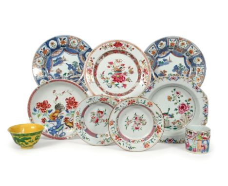 Eight Chinese porcelain plates and dishes  most Qianlong 1736-95, including two small bowls painted in famille rose enamels w