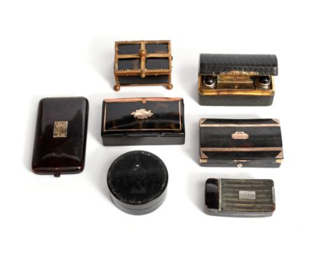 λ A collection of seven tortoiseshell boxes, comprising: a late 18th century gilt-metal mounted travelling writing set, one, 