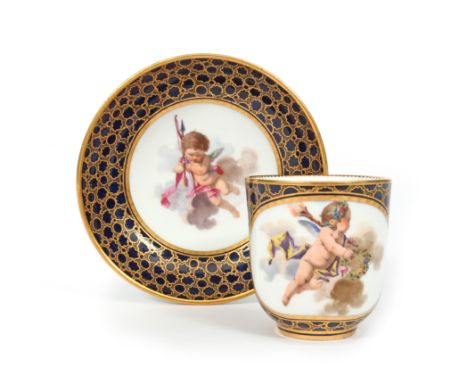 A Sèvres cup and saucer (gobelet calabré et soucoupe) date code for 1761, the cup painted in the manner of François Boucher w