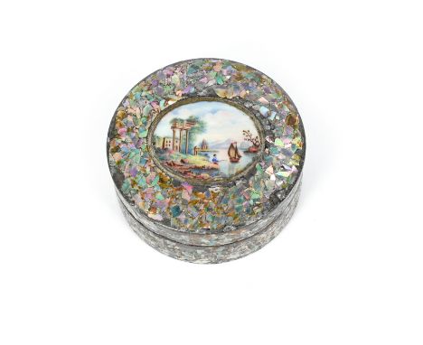 λ A late 18th century abalone shell and mother-of-pearl 'scaglioa' snuff box, circular form, the pull-off cover applied with 