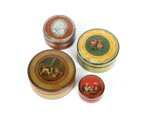 λ A collection of four snuff / patch boxes, comprising: a late 18th century silver-mounted Vernis Matin snuff box, of circula