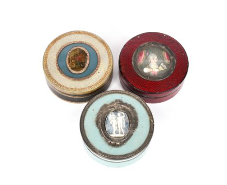 λ Three late 18th/early 19th century silver and gold mounted lacquered snuff boxes, circular form, the silver-mounts with eng