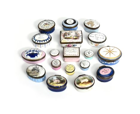 A group of 13 enamel patch boxes and five pill boxes most 18th century, variously decorated with sheep, landscapes and mottoe