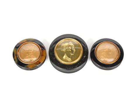 λ A pair of 19th century French gilt-metal mounted tortoiseshell snuff boxes, after B. Di Viver, circular form, the pull-off 