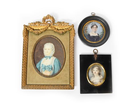 λ Circle of John Jukes (1772-1851) Portrait miniature of Mrs Edward Maitland in white dress and pearl necklace, oval, in a eb