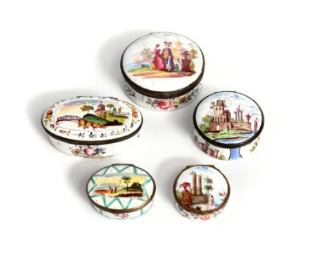 Five English enamel snuff boxes  2nd half 18th century, one circular and painted with a couple in exotic dress, two smaller c