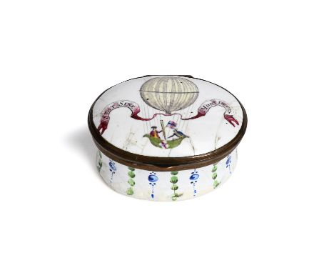 A rare English enamel ballooning-subject patch box c.1785, the oval form printed and coloured with two figures in a boat-shap