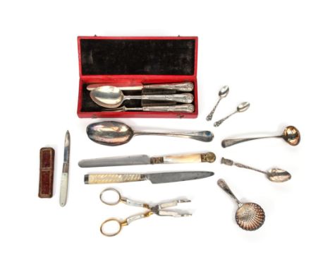 A mixed lot of silver flatware, comprising: a three-piece George IV King's pattern  knife, fork and spoon set, maker's mark B