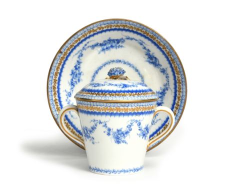 A Sèvres two-handled cup with cover and stand (gobelet à lait et soucoupe) c.1769, painted probably by Jean-Charles Sioux l'a