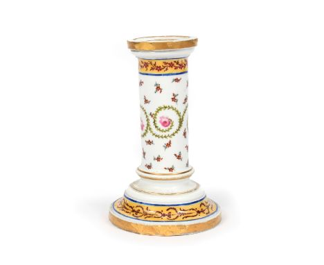 A rare Sèvres candlestick date code for 1789, painted possibly by Genevieve Taillandier with pink roses on a band of scrolled