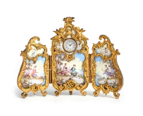 A French gilt metal and enamel clock, in the Rococo manner, with three-hinged sections, enamelled with courting couples in la