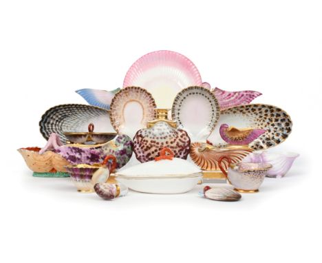 A group of shell-moulded porcelains  most 19th century, including a near pair of Flamen-Fleury Paris dishes, six Paris porcel