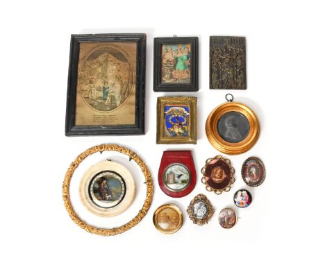 λ A group of four painted brooches in metal frames, on enamel and ivory, two depicting lovers, one a Classical maiden, and on