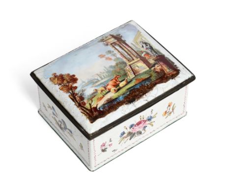 An English enamel table snuff box c.1780, of rectangular form, the top painted with cattle and sheep in repose by Classical r