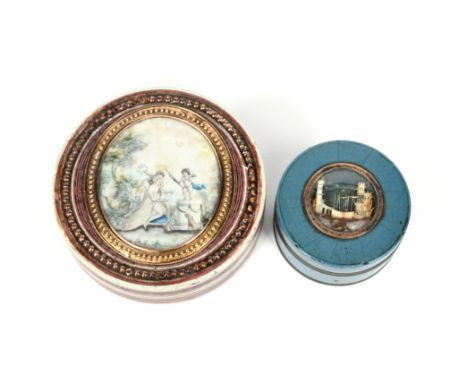 λ A late 18th/early 19th century lacquered snuff box, circular form, pink and white ground, the pull-off cover later applied 