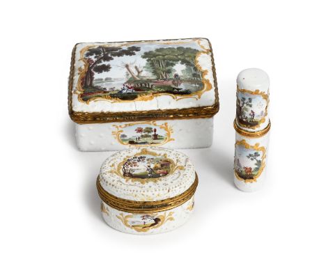 A south Staffordshire snuff box  c.1760-80, the lid painted with figures on and beside a meandering river, within raised enam