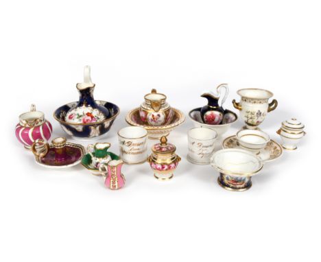 Four English porcelain miniature jugs and basins  19th century, of differing sizes, one decorated with small floral panels an