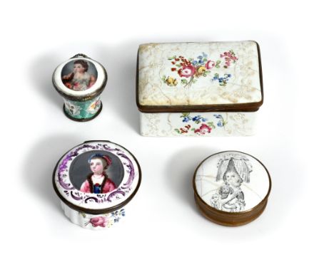 Three English enamel patch boxes c.1760-70, one painted with a portrait of a lady, possibly the actress Nancy Dawson, another